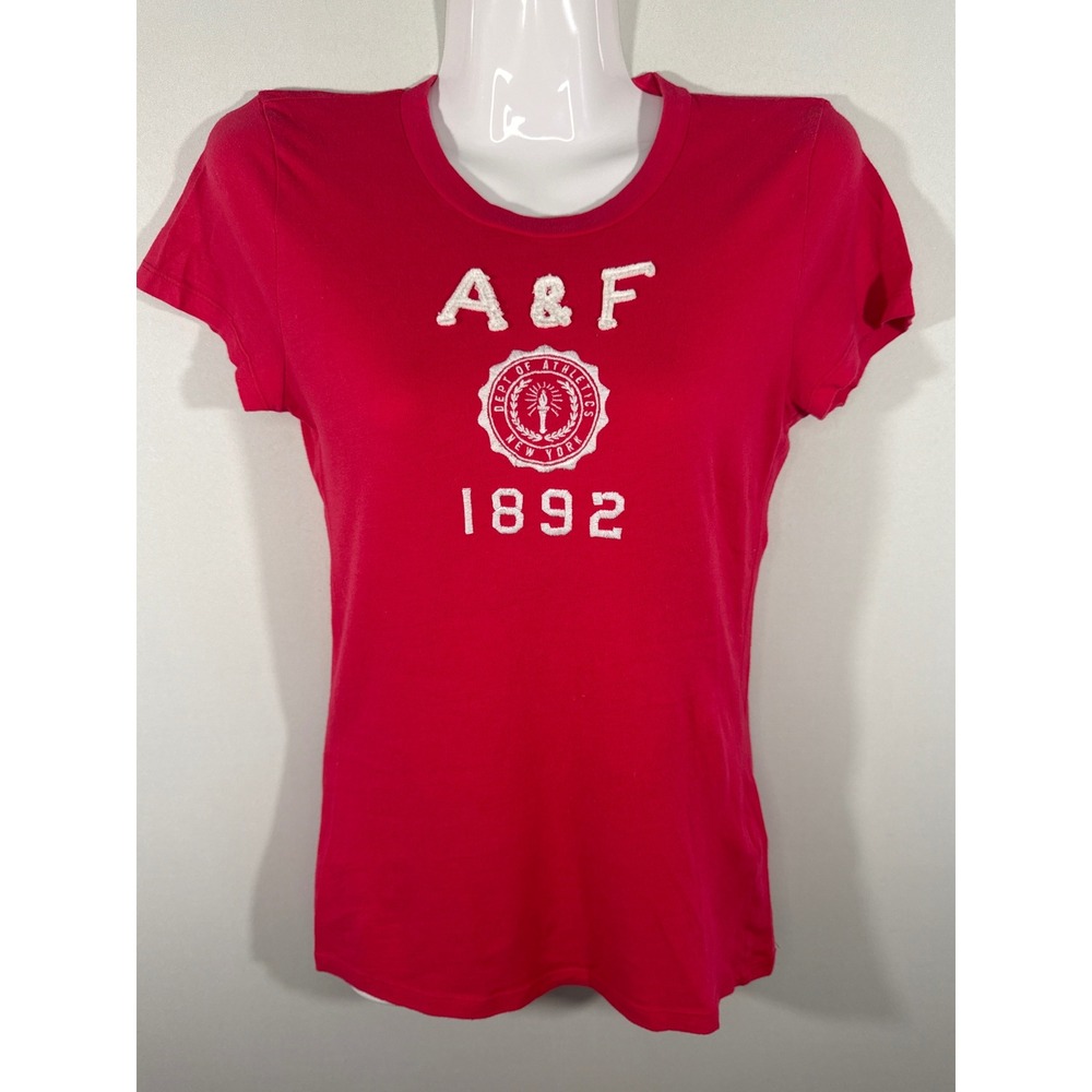 Abercrombie & Fitch Womens Red Graphic T-Shirt A&F 1892 Collegiate Crest Small‎
